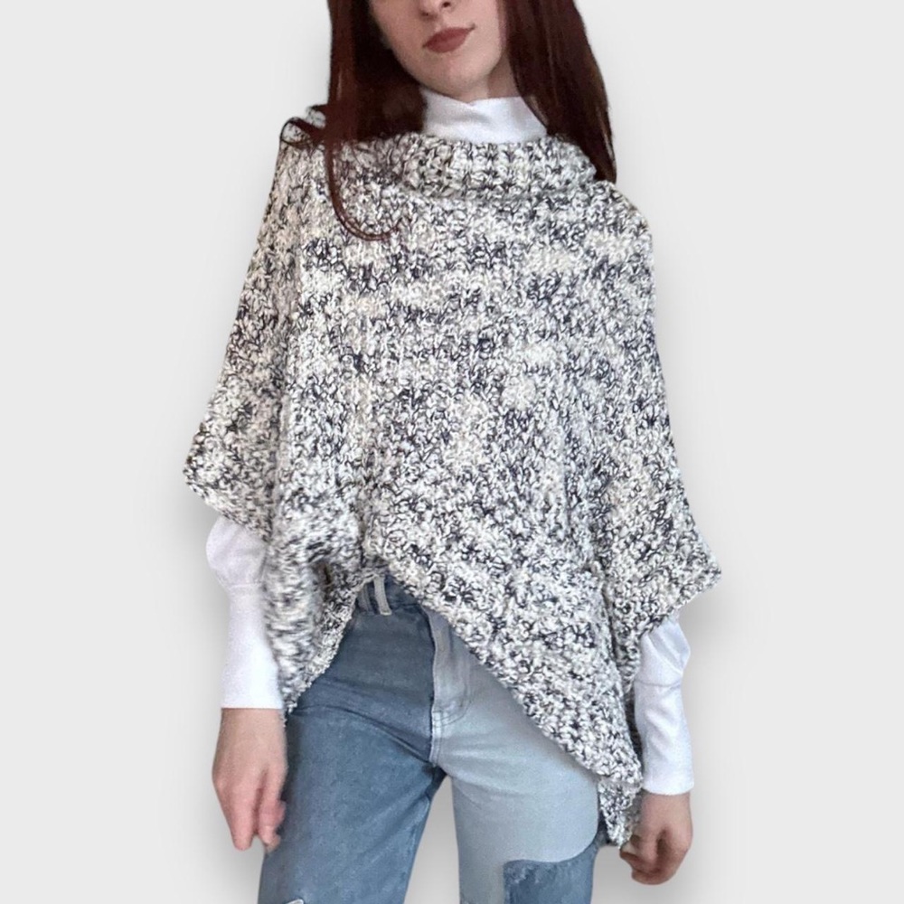 White / Grey Knit Poncho Sweater - Size L